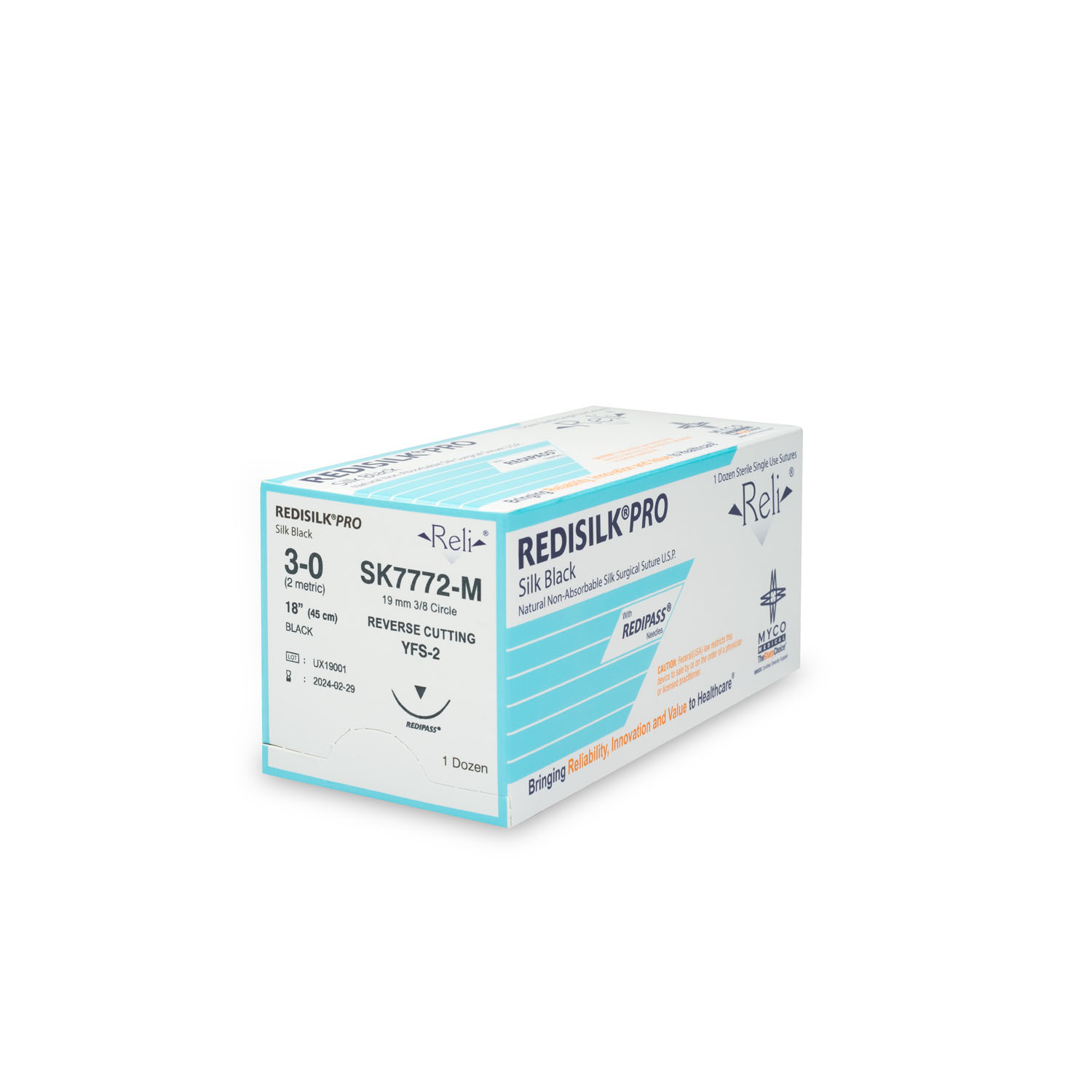 MYCO RELI® PRO SUTURE Suture, 3-0, Redisilk, Black, Braided, 18", YFS-2, 12/bx (US Only) Myco Medical SK7772-M