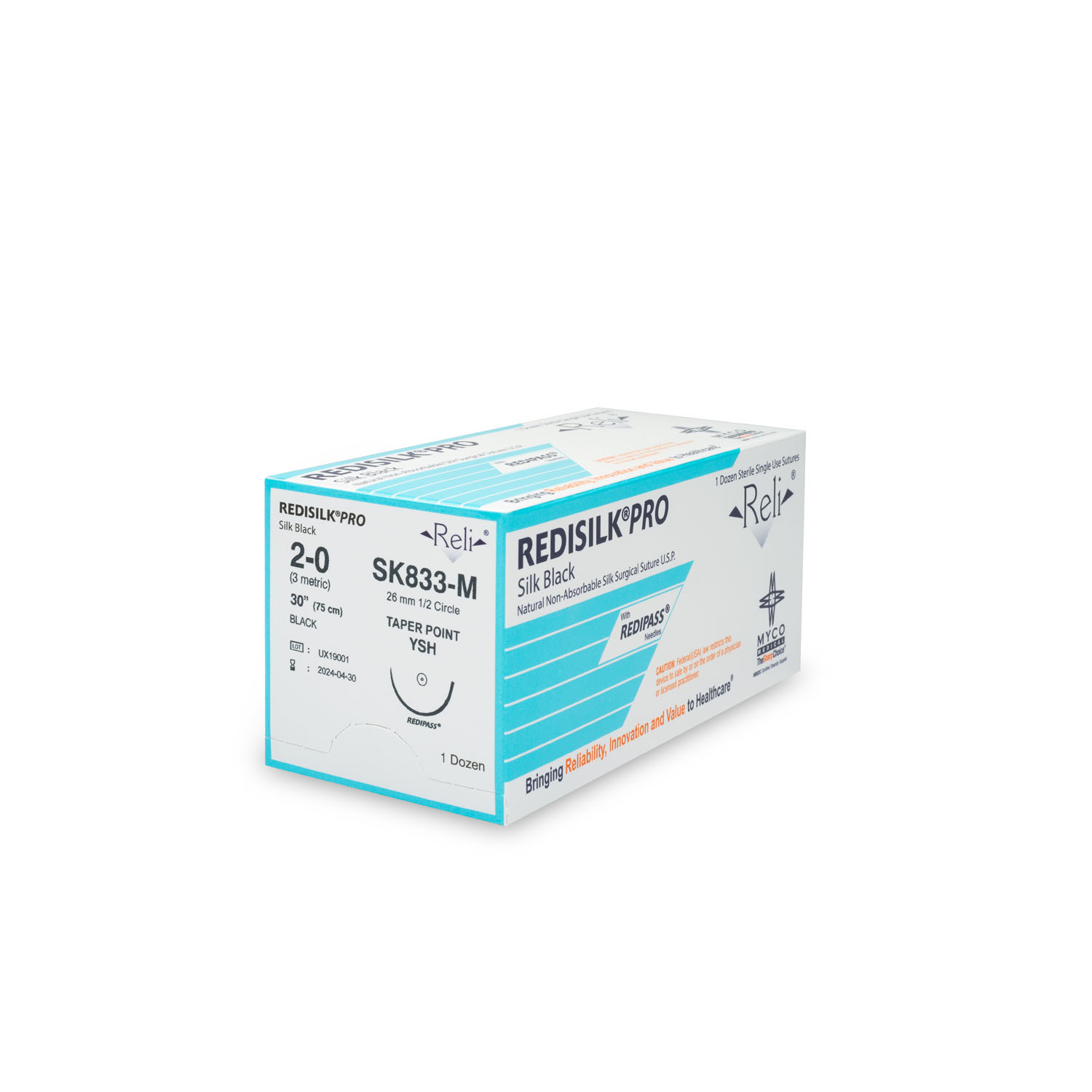 MYCO RELI® PRO SUTURE Suture, 2-0, Redisilk, Black, Braided, 30", YFS, 12/bx (US Only) Myco Medical SK833-M