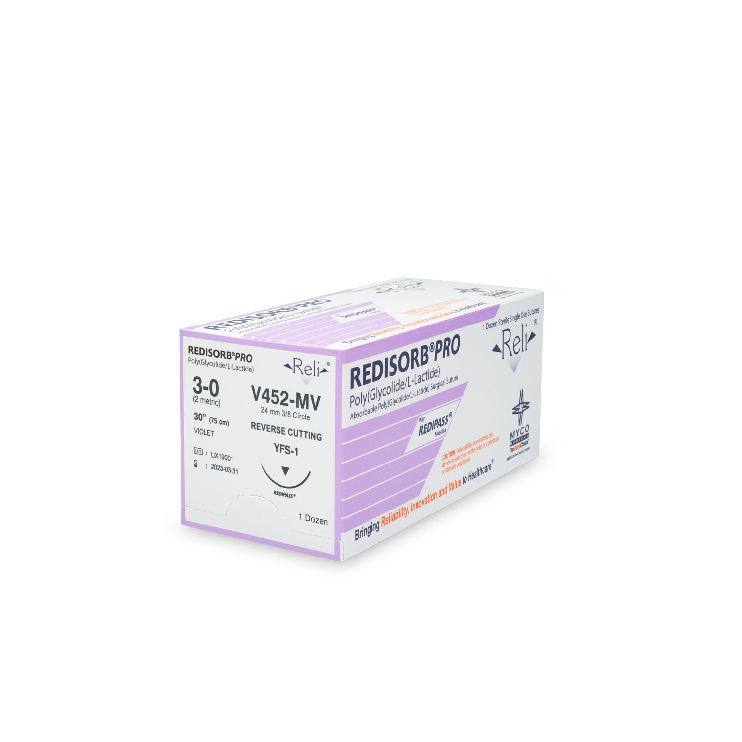 MYCO RELI® PRO SUTURE Suture, 3-0, Redisorb, Violet, Braided, 30", YFS-1, 12/bx (Vet Use Only) (US Only) Myco Medical V452-MV