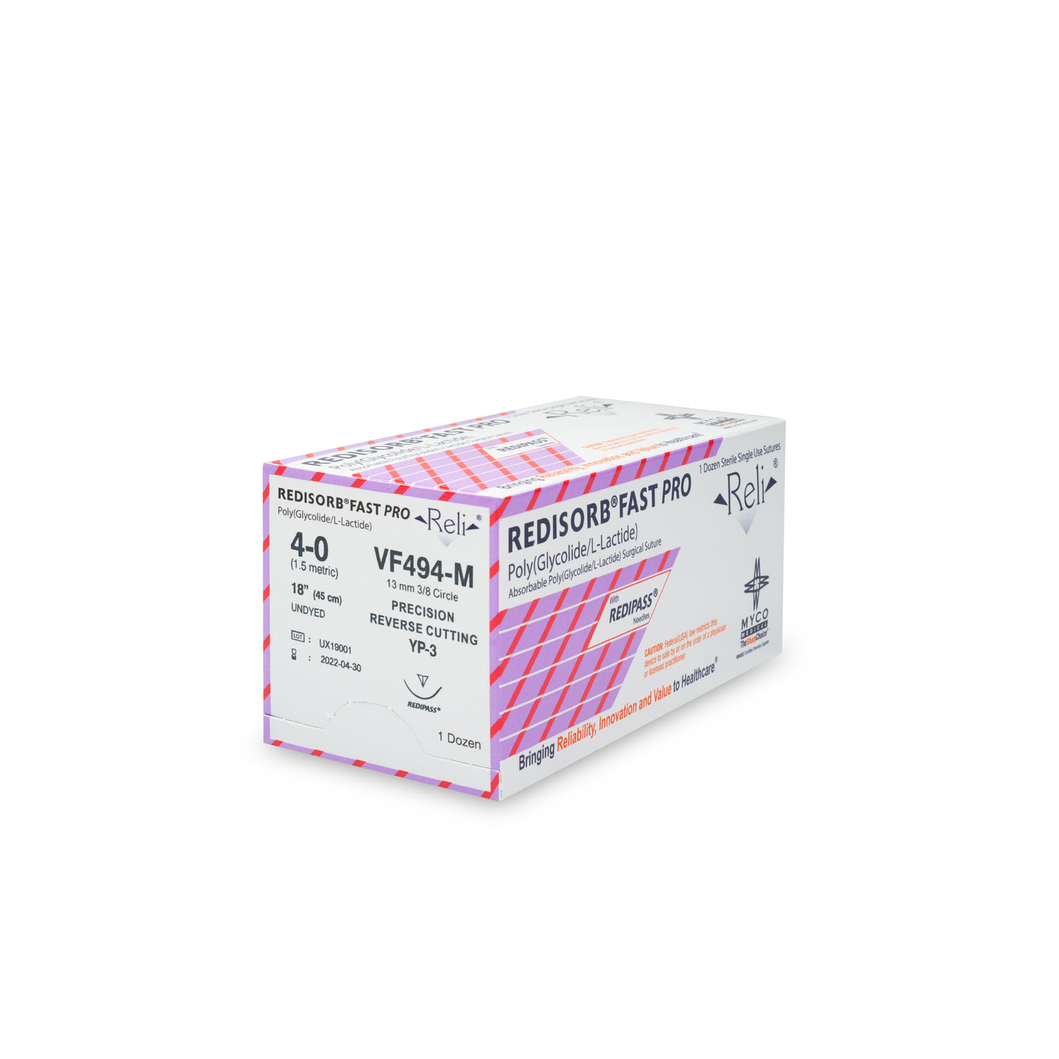 MYCO RELI® PRO SUTURE Suture, 4-0, Redisorb, Fast, Undyed, Braided, 18", YP-3, 12/bx (US Only) Myco Medical VF494-M
