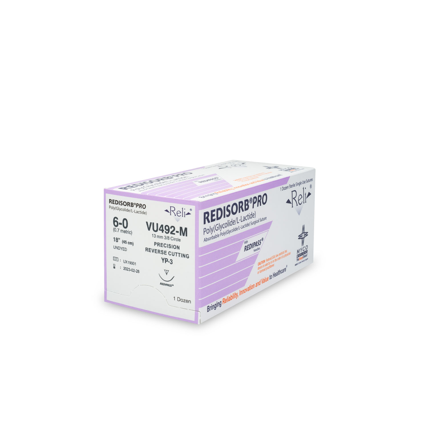 MYCO RELI® PRO SUTURE Suture, 6-0, Redisorb, Undyed, Braided, 18", YP-3, 12/bx (US Only) Myco Medical VU492-M
