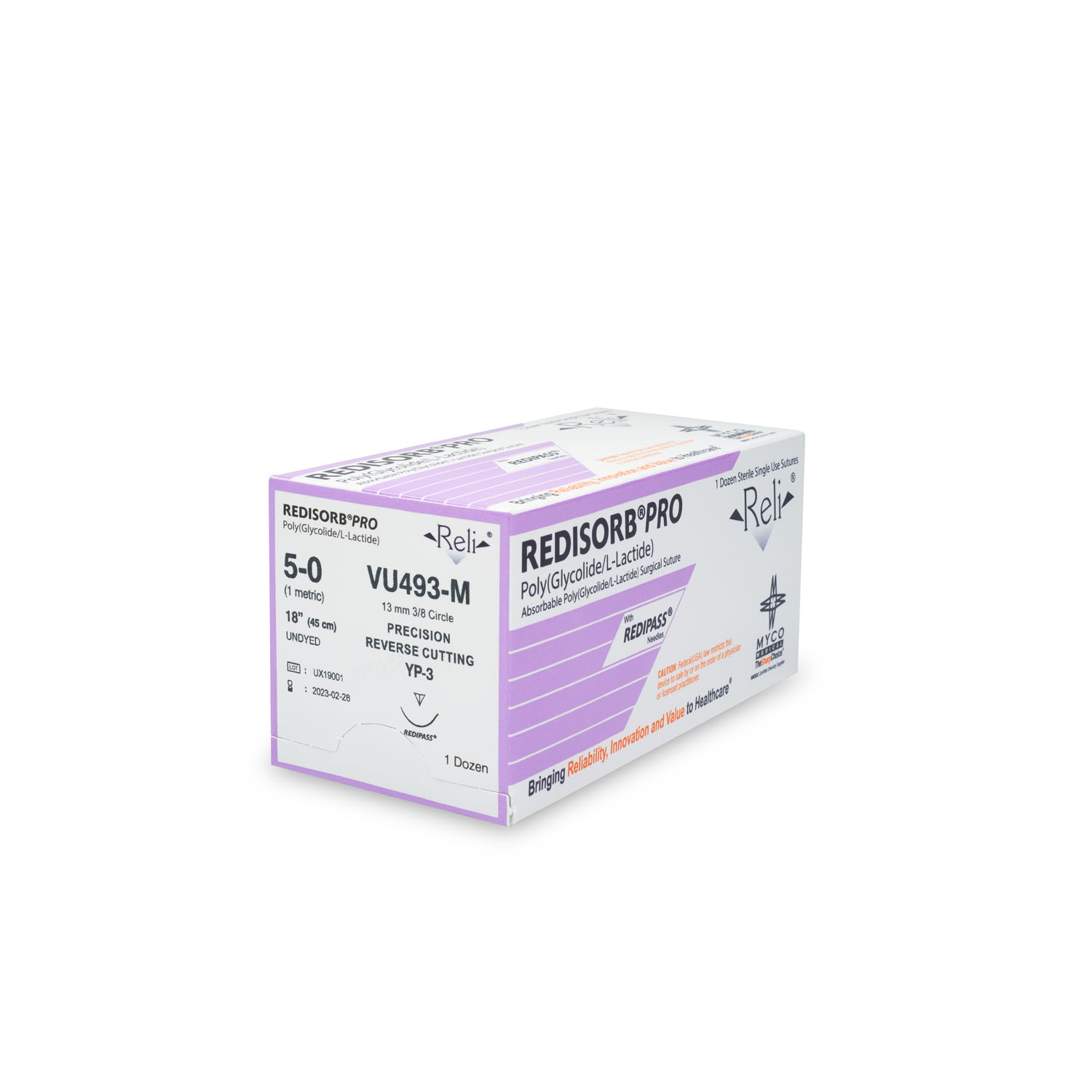 MYCO RELI® PRO SUTURE Suture, 5-0, Redisorb, Undyed, Braided, 18", YP-3, 12/bx (US Only) Myco Medical VU493-M