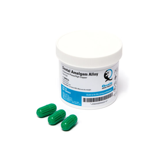 QUALA DENTAL AMALGAM ALLOY 1 Spill 400mg, Fast Set, Green cap/body, 50/jar (Not Available for Sale in Canada) (Item is considered HAZMAT and cannot ship via Air or to AK, GU, HI, MP, PR, VI) (WARNING: Contains Mercury. Can cause birth defects and other reproductive harm. www.P65Warnings.ca.gov) Quala Q055022