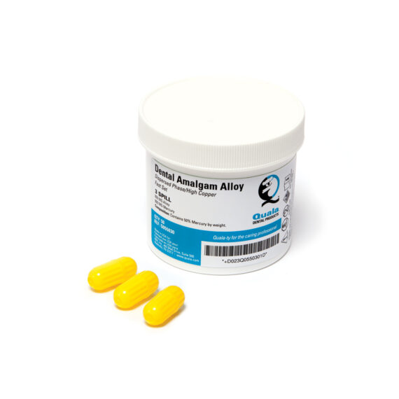 QUALA DENTAL AMALGAM ALLOY 3 Spill 800mg, Fast Set, Yellow cap/body, 50/jar (Not Available for Sale in Canada) (Item is considered HAZMAT and cannot ship via Air or to AK, GU, HI, MP, PR, VI) (WARNING: Contains Mercury. Can cause birth defects and other reproductive harm. www.P65Warnings.ca.gov) Quala Q055030