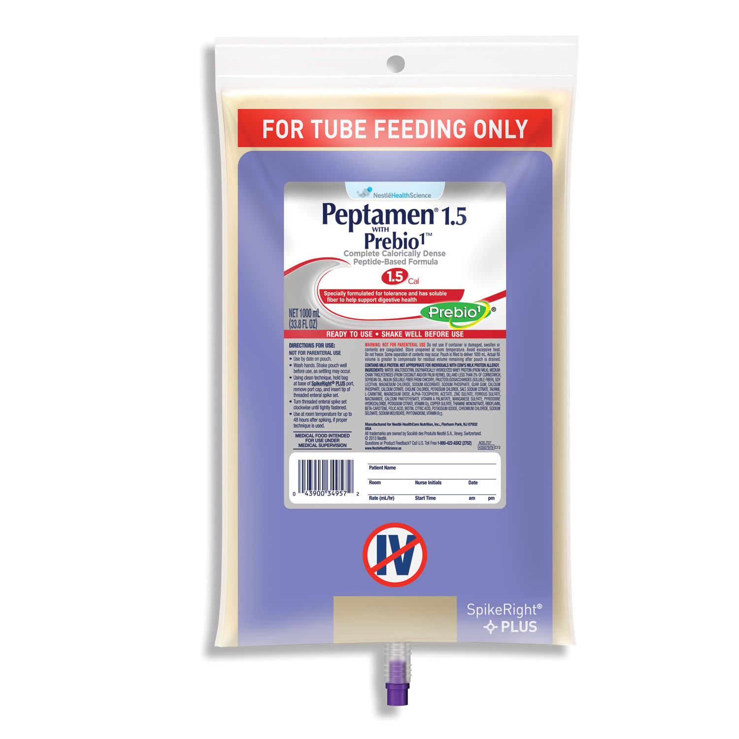 NESTLE PEPTAMEN® 1.5 WITH PREBIO1™ Peptamen® 1.5, Prebio1™, UltraPak® SpikeRight™ 1000mL, 6/cs (120 cs/plt) (Minimum Expiry Lead is 90 days; Non-Returnable) (Continental US Only) (Nestle products cannot be sold online without Nestle's prior written permission) (Products cannot be sold on Amazon.com or any other 3rd party site) Nestle Healthcare Nutrition 4390034957