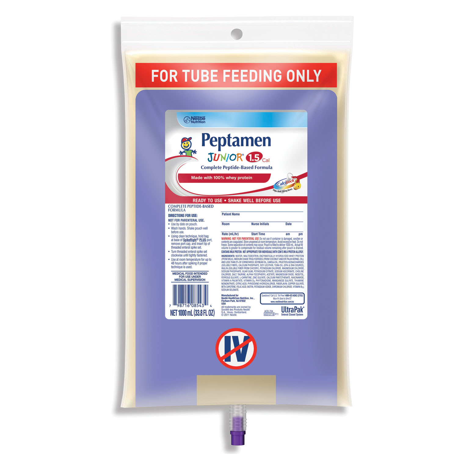 NESTLE PEPTAMEN® JUNIOR® 1.5 Peptamen Junior® 1.5, SpikeRight® Plus UltraPak®, Unflavored, 1000mL Cans, 6/cs (Minimum Expiry Lead is 90 days; Non-Returnable) (Continental US Only) (Nestle products cannot be sold online without Nestle's prior written permission) (Products cannot be sold on Amazon.com or any other 3rd party site) Nestle Healthcare Nutrition 9871618543