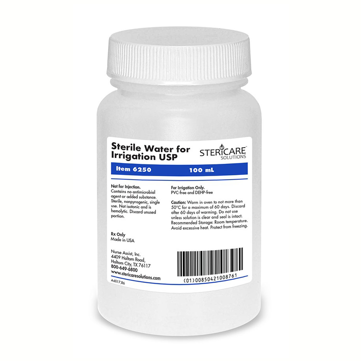 NURSE ASSIST STERICARE SALINE & WATER Irrigation Device & Suctioning Water Sterile 100mL, Screw Top Bottle, 48/cs (Rx) (100 cs/plt) (Item is Non-Returnable & Non-Refundable)   <Strong>Max weekly quantity allowed: 10</Strong> Nurse Assist 6250