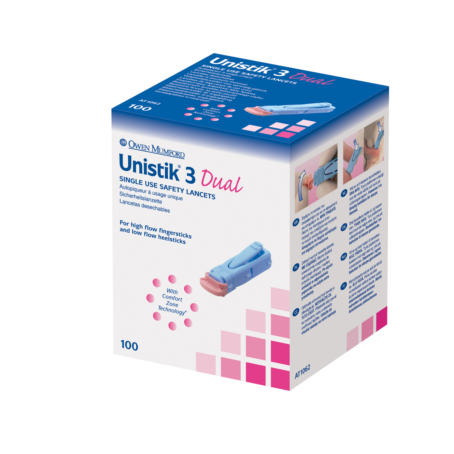 OWEN MUMFORD UNISTIK® 3 PRE-SET SINGLE USE SAFETY LANCETS Lancet, Dual, 18G, 1.8mm Penetration Depth, Blue, 100/bx Owen Mumford AT1062