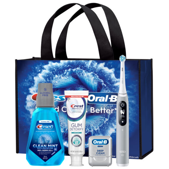 P&G IO GINGIVITIS SYSTEM ELECTRIC TOOTHBRUSH BUNDLE Oral-B® iO 6 Electric Rechargeable Toothbrush (Grey handle); Crest® PRO-HEALTH™ Gum Detoxify™ Toothpaste (4.8 oz); Crest® PRO-HEALTH™ Multi-Protection Clean Mint Rinse (250 mL); *Oral-B® Glide® Deep Clean Floss, 15M; iO Ultimate Clean Brush Head; Reusable Tote Bag, 3/cs *Floss subject to change. (US SALES ONLY) (Products cannot be sold on Amazon.com or any other third Party sites) Procter & Gamble Oral Health 80738358