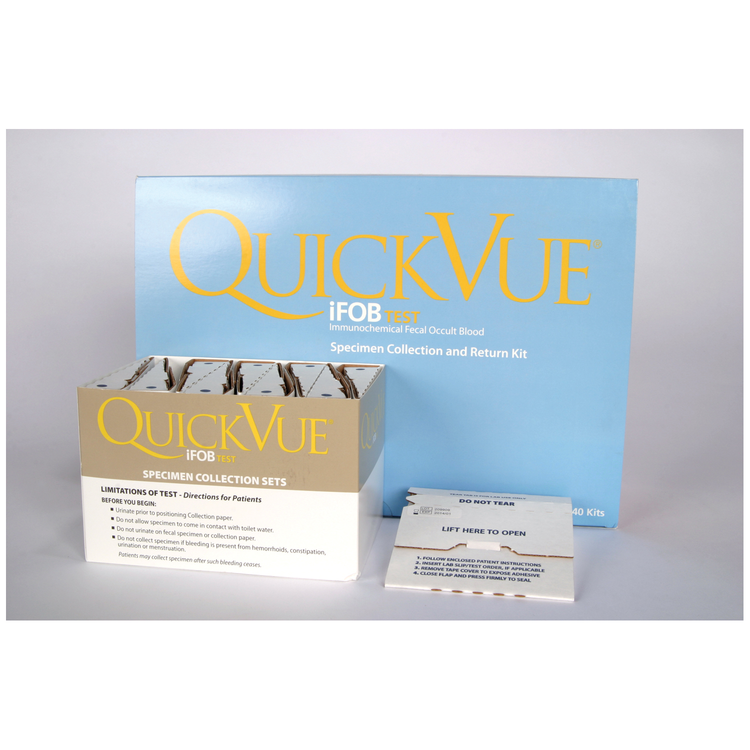 QUIDEL QUICKVUE® iFOB TEST KIT QuickVue® iFOB 40 Specimen Collection Kit, Includes: 40 Collection Kits Each Containing 1 Collection Tube with 2mL FOB Buffer, 1 Collection Paper with Adhesive, 1 Pouch, 1 Absorbent Sleeve, 1 Return Mail Box & 1 Patient Instructions (Continental US Only - including Alaska & Hawaii) Quidel Corporation 20204