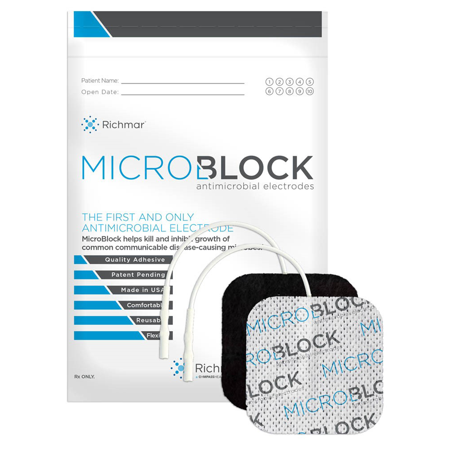 RICHMAR MICROBLOCK ANTIMICROBIAL  ELECTRODES MicroBlock Antimicrobial Electrodes, 3” x 5" White Cloth. 2/pk, 10 pks/bg, 1 bg/cs. US Sales only. Richmar 400-852-MIC