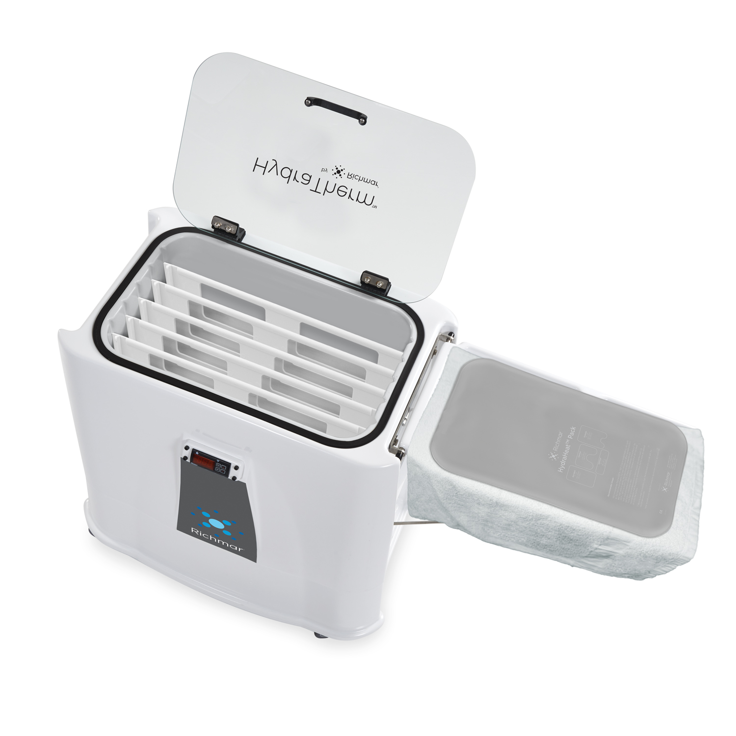 RICHMAR HYDRATHERM™ MOIST HEAT THERAPY SYSTEM HydraTherm Heater - Standard, Divider Rack System, + 12 HydraHeat Packs (3 of each size) (120V) (DROP SHIP ONLY) (US Only) Richmar HT-R12-SW