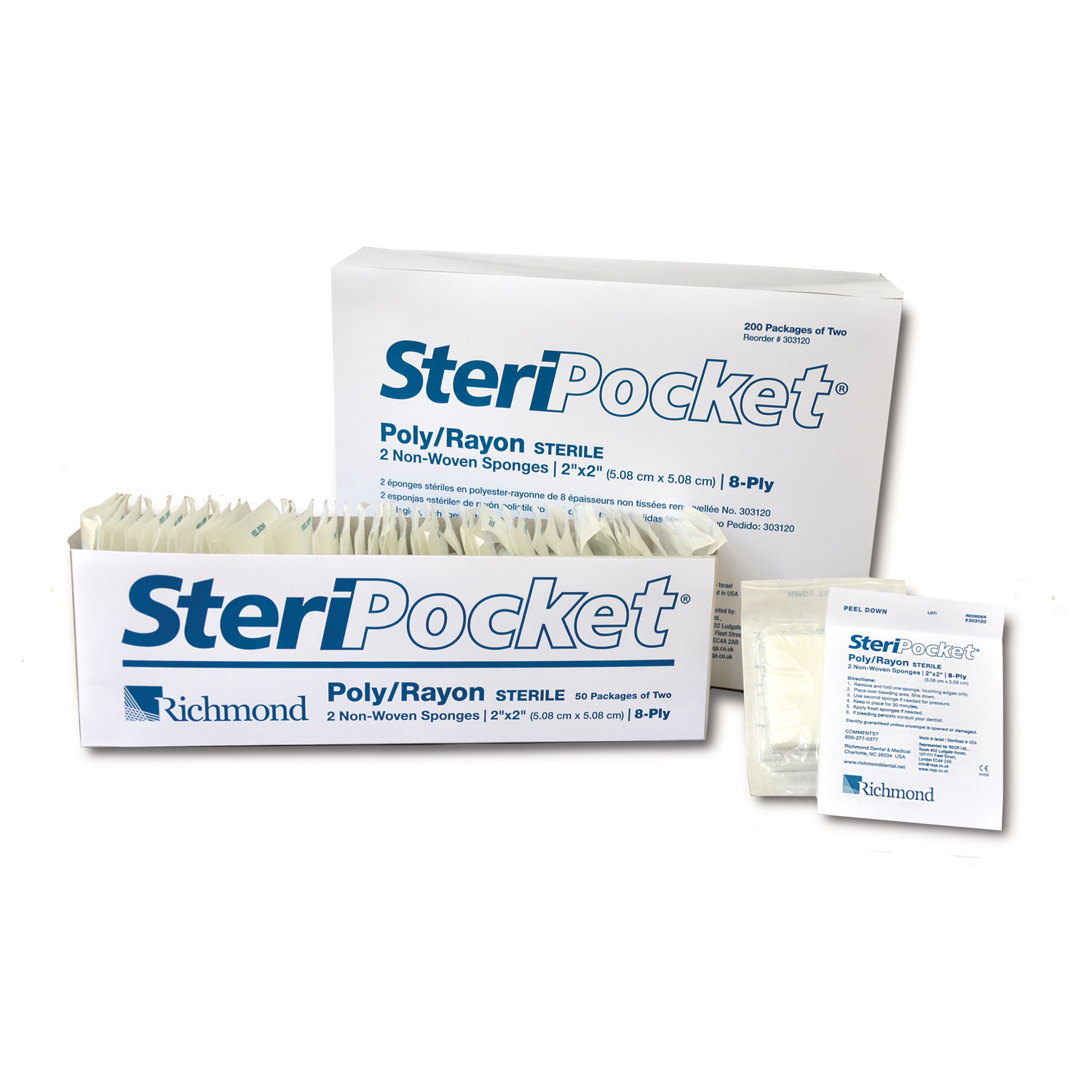 RICHMOND STERIPOCKET™ SPONGES SteriPocket Sponge, Non-Woven, 8-Ply Rayon/ Poly, 4" x 4", Sterile, 2/pk, 100 pk/bx Richmond Dental 303122