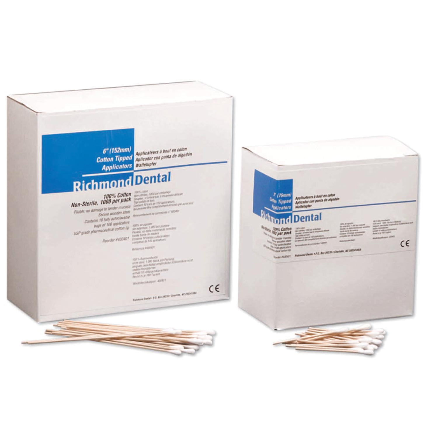 RICHMOND COTTON-TIPPED APPLICATORS Cotton-Tipped Applicator, 6", Non-Sterile, 100/pk, 10 pk/bx, 10 bx/cs Richmond Dental 400401
