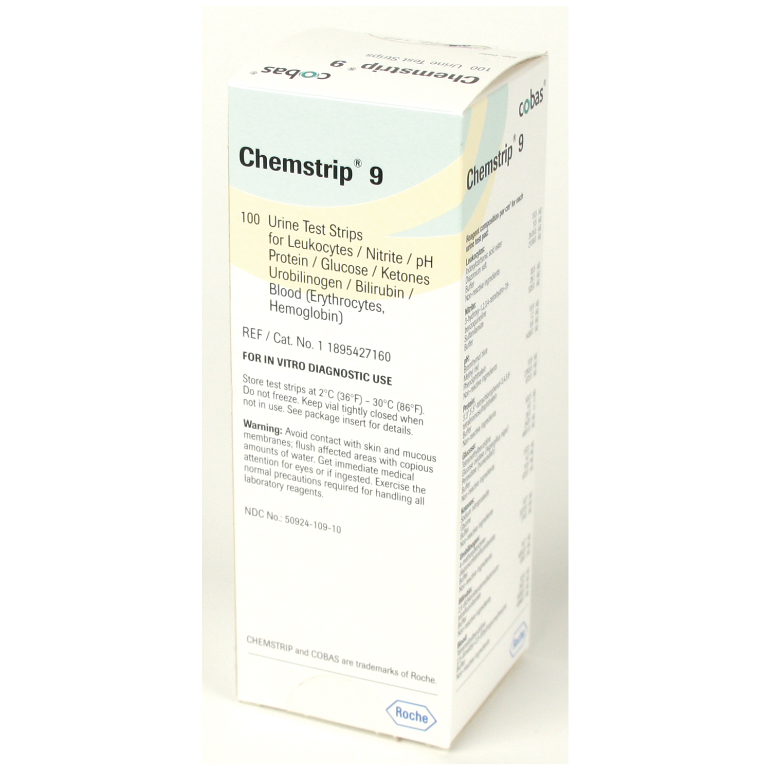 ROCHE CHEMSTRIP® URINALYSIS PRODUCTS Chemstrip 9 (Leukoctytes, Nitrite, pH, Protein, Glucose, Ketone, Urobilinogen, Bilirubin, Blood), CLIA Waived, 100/vial (Continental US Only) Roche Diagnostics Corp. 11895427160