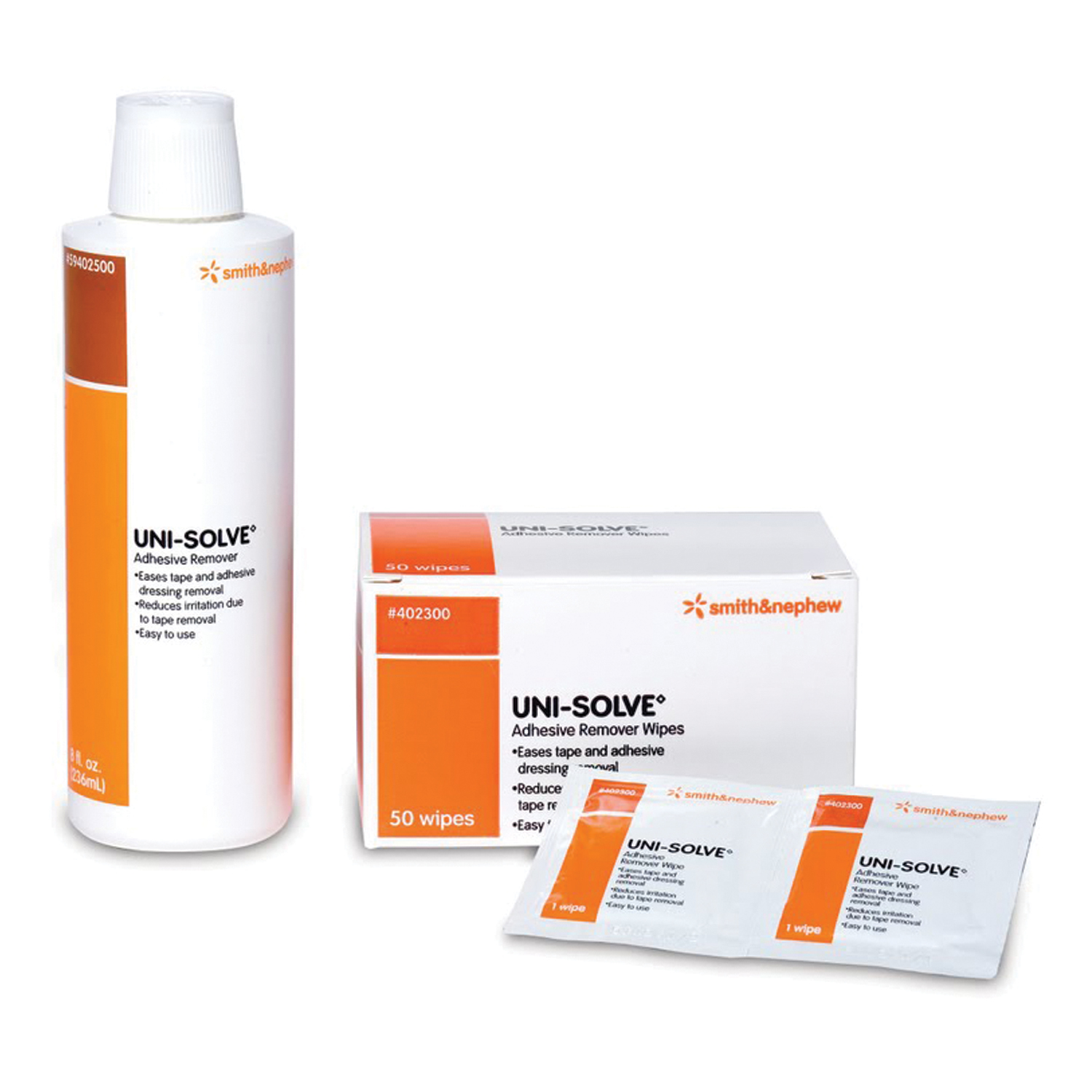 SMITH & NEPHEW UNI-SOLVE® ADHESIVE REMOVER Adhesive Remover Wipes, 50/pkg, 20 pkg/cs (132 cs/plt) (US Only) (Item is considered HAZMAT and cannot ship via Air or to AK, GU, HI, MP, PR, VI) Smith & Nephew, Inc. 402300