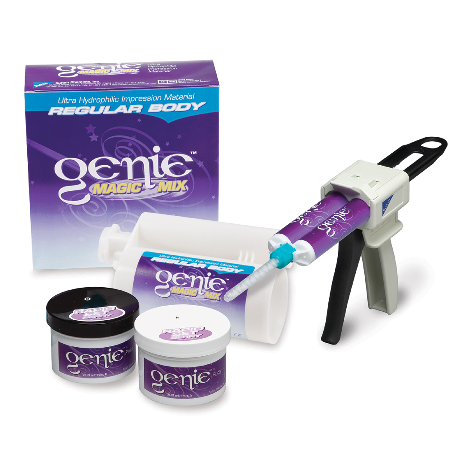 SULTAN GENIE 5:1 IMPRESSION MATERIAL ("MAGIC MIX") Regular Body, Standard Package, ea Pkg Has 1-380ml Cartridge, 10 Dynamic Mixing Tips & 1 Bayonet Ring (Only available to authorized dental dealers) Sultan Healthcare, Inc. 78805