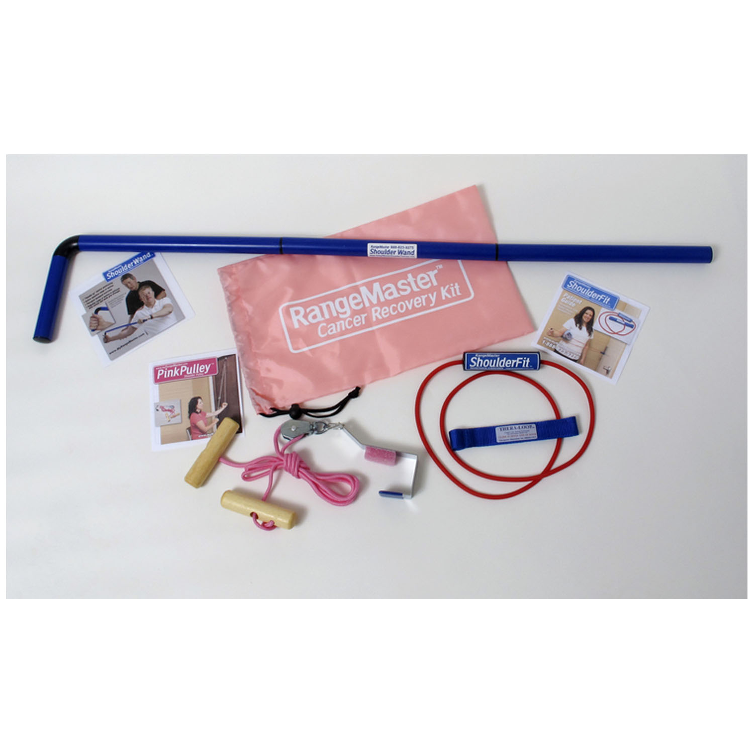THERAPEUTIC SHOULDER BREAST CANCER RECOVERY KIT Breast Cancer Recovery Kit includes RangeMaster™ home exercise pulley system with webbing strap; ShoulderFit™ strength tubing with a plastic Thera-Loop Handle™ and theThera-Loop™ webbing door anchor; ShoulderWand™ stretching wand; Exercise Guide; Pink drawstring bag. (DROP SHIP ONLY) (092146) Therapeutic Dimensions, Inc. BCRK