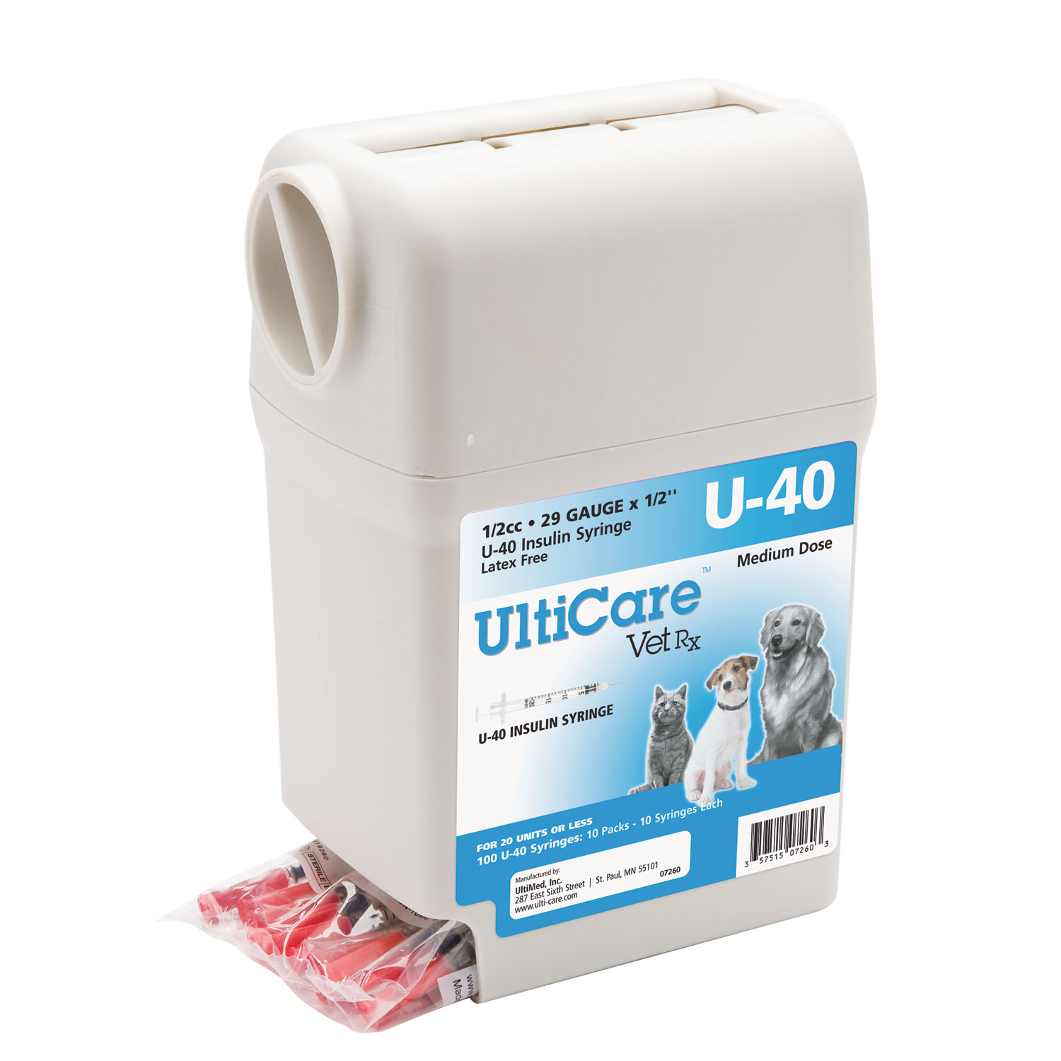 ULTIMED ULTRICARE VETRX DIABETES CARE INSULIN SYRINGES UltiGuard U-40 Syringe Dispenser, 29G x ½", 1/2cc, 100/bx UltiMed, Inc. 07260