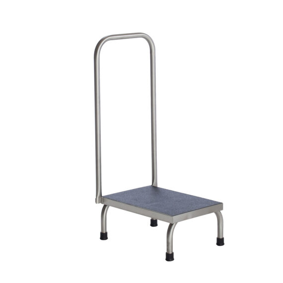 UMF MEDICAL STEP STOOL Step Stool, 1-Step with Handrail, Stainless Steel, 18"W x 7 5/8"H x 12"D, handrail 36"H (DROP SHIP ONLY) UMF Medical SS8378