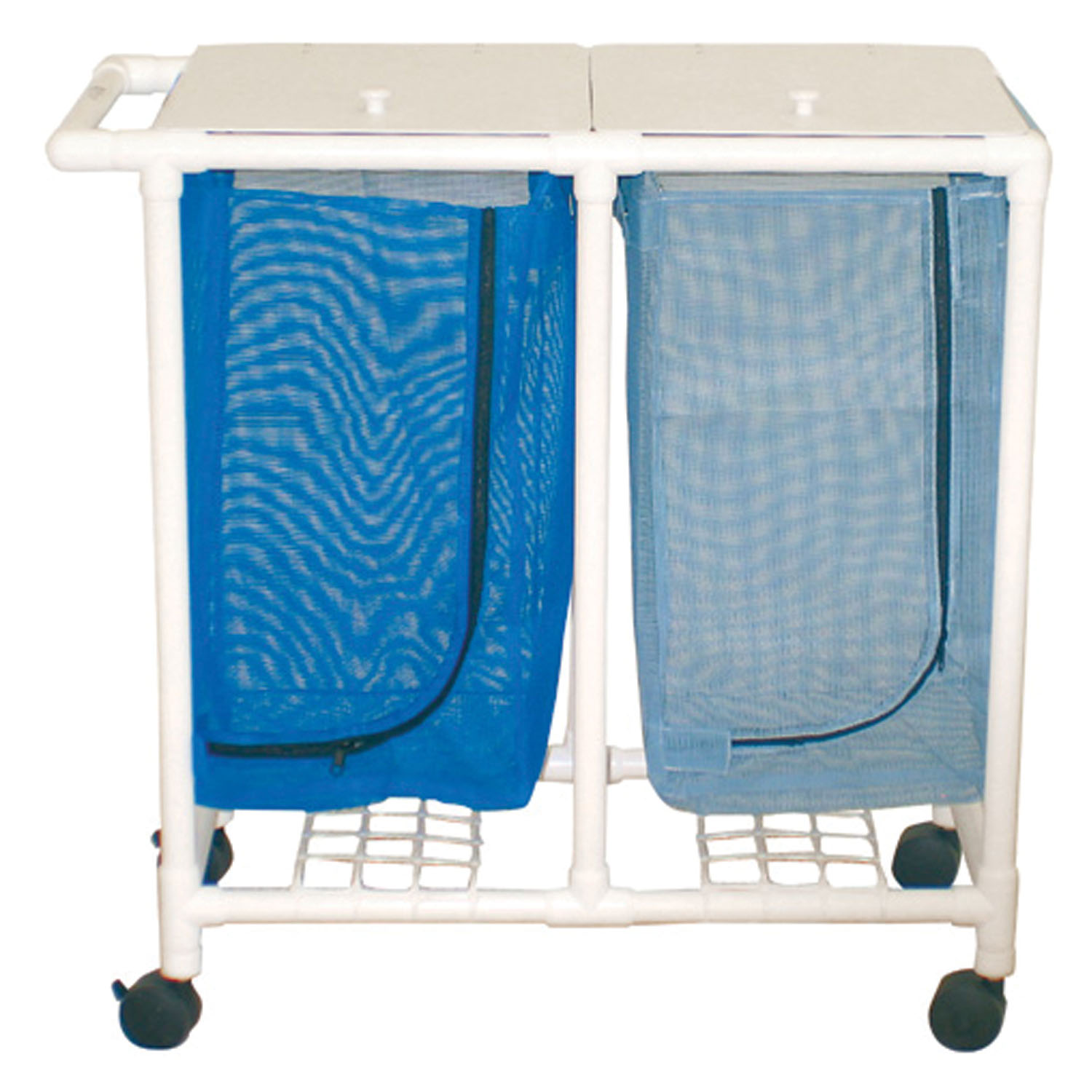 MJM LINEN HAMPERS "200" SERIES Space Saving Double Hamper, Mesh Bags (33 Gal Capacity, Plastic Bag) 3" Twin Nylon Casters, Zipper Opening MJM International Corp. 213-D