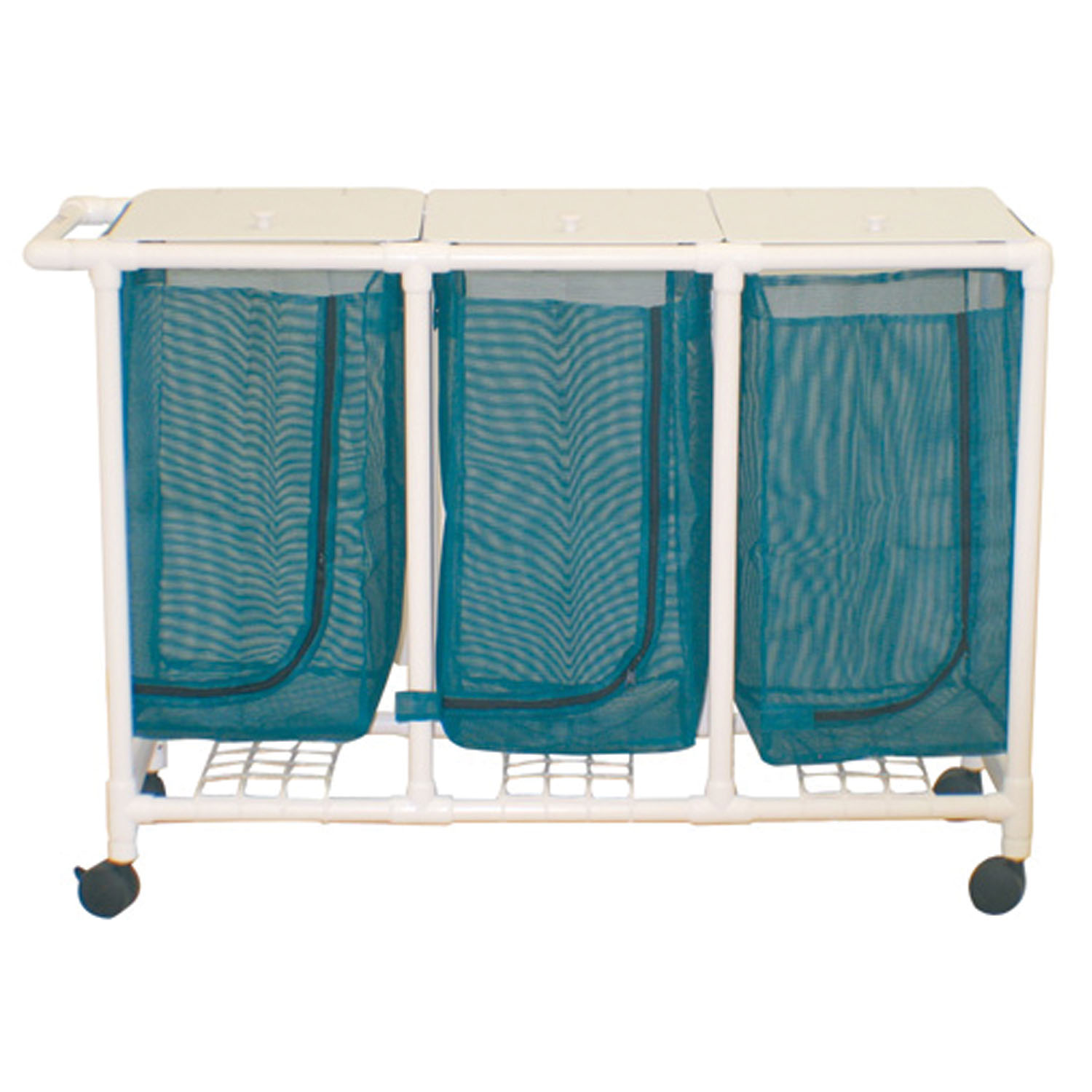 MJM LINEN HAMPERS "200" SERIES Space Saving Triple Hamper, Mesh Bags (33 Gal Capacity, Plastic Bag) 3" Twin Nylon Casters, Zipper Opening MJM International Corp. 213-T