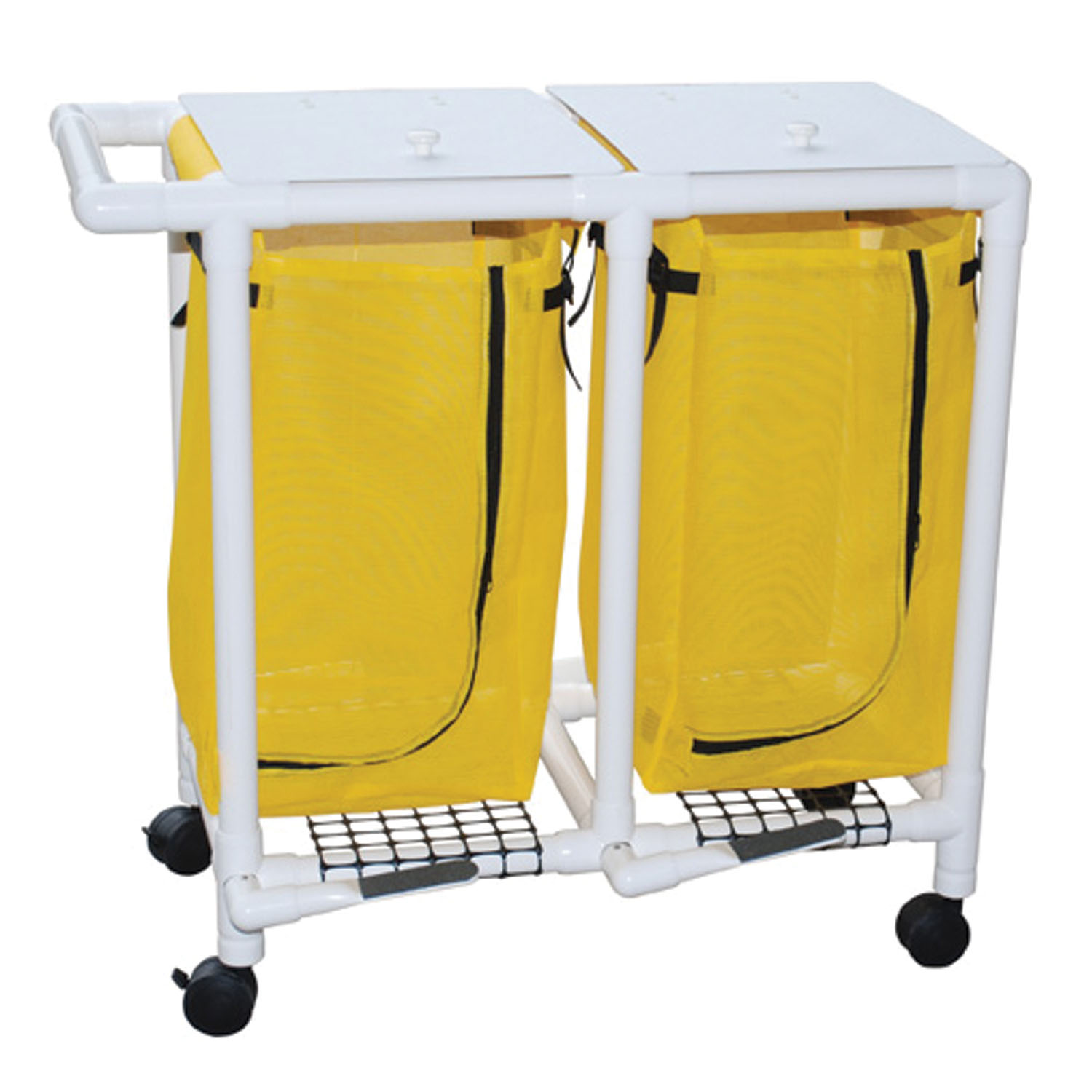 MJM LINEN HAMPERS "200" SERIES Double Hamper, Mesh Bags (33 Gal Capacity, Plastic Bag) 3" Heavy Duty Threaded Stem Casters, Zipper Opening, Base Support for bag, Push/ Pull Handle & Footpedal MJM International Corp. 214-D-FP