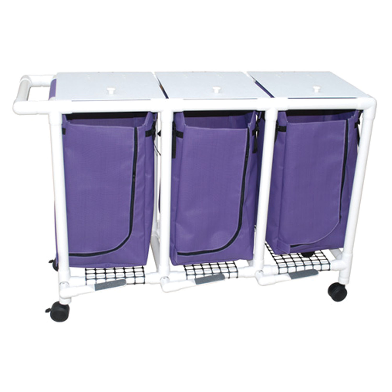 MJM LINEN HAMPERS "200" SERIES Triple Hamper, Mesh Bags (33 Gal Capacity, Plastic Bag) 3" Heavy Duty Threaded Stem Casters, Zipper Opening, Base Support for bag, Push/ Pull Handle & Footpedal MJM International Corp. 214-T-FP