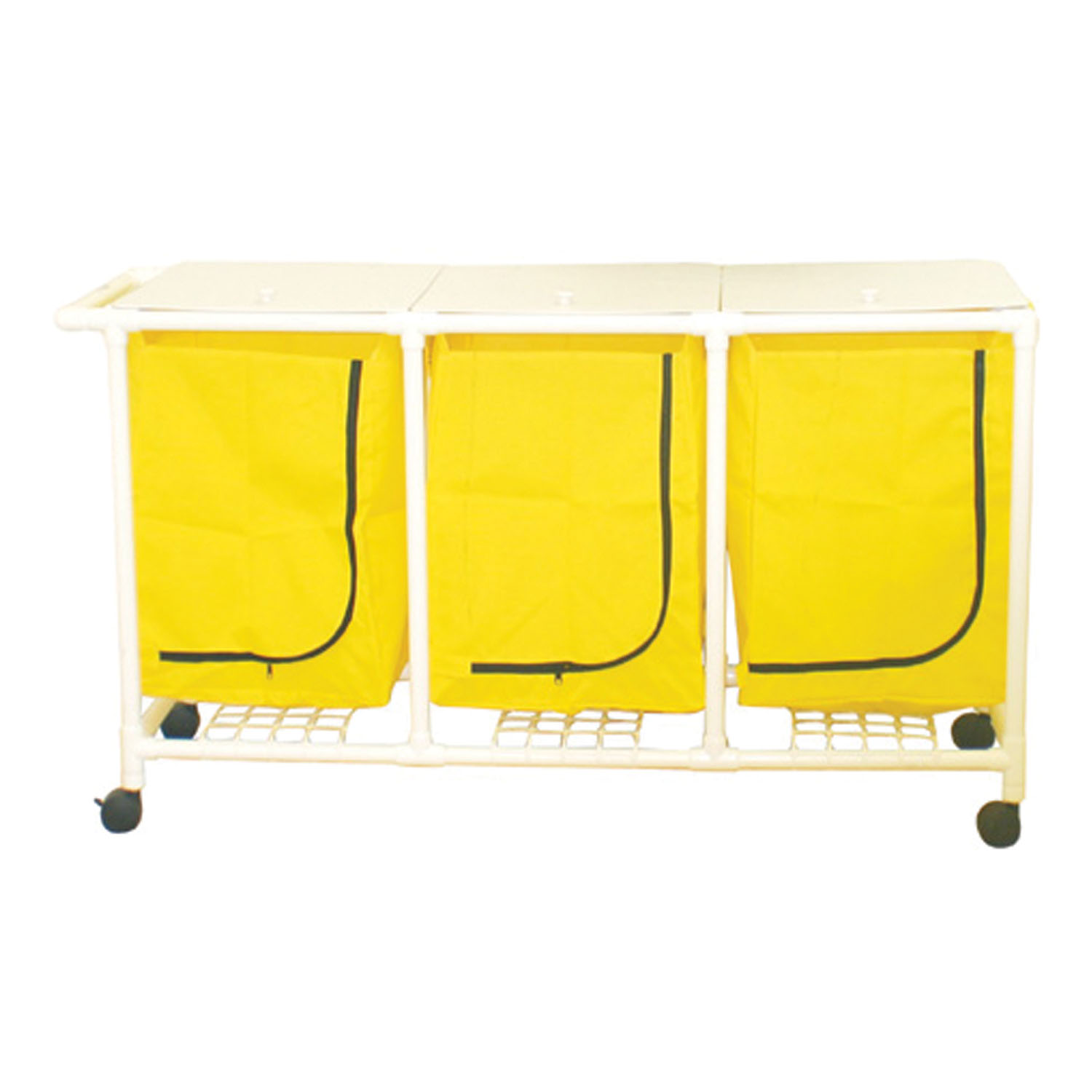 MJM LINEN HAMPERS "200" SERIES Space Saving Triple Hamper, Mesh Bags (55 Gal Capacity, Plastic Bag) 3" Twin Nylon Casters, Zipper Opening MJM International Corp. 217-T