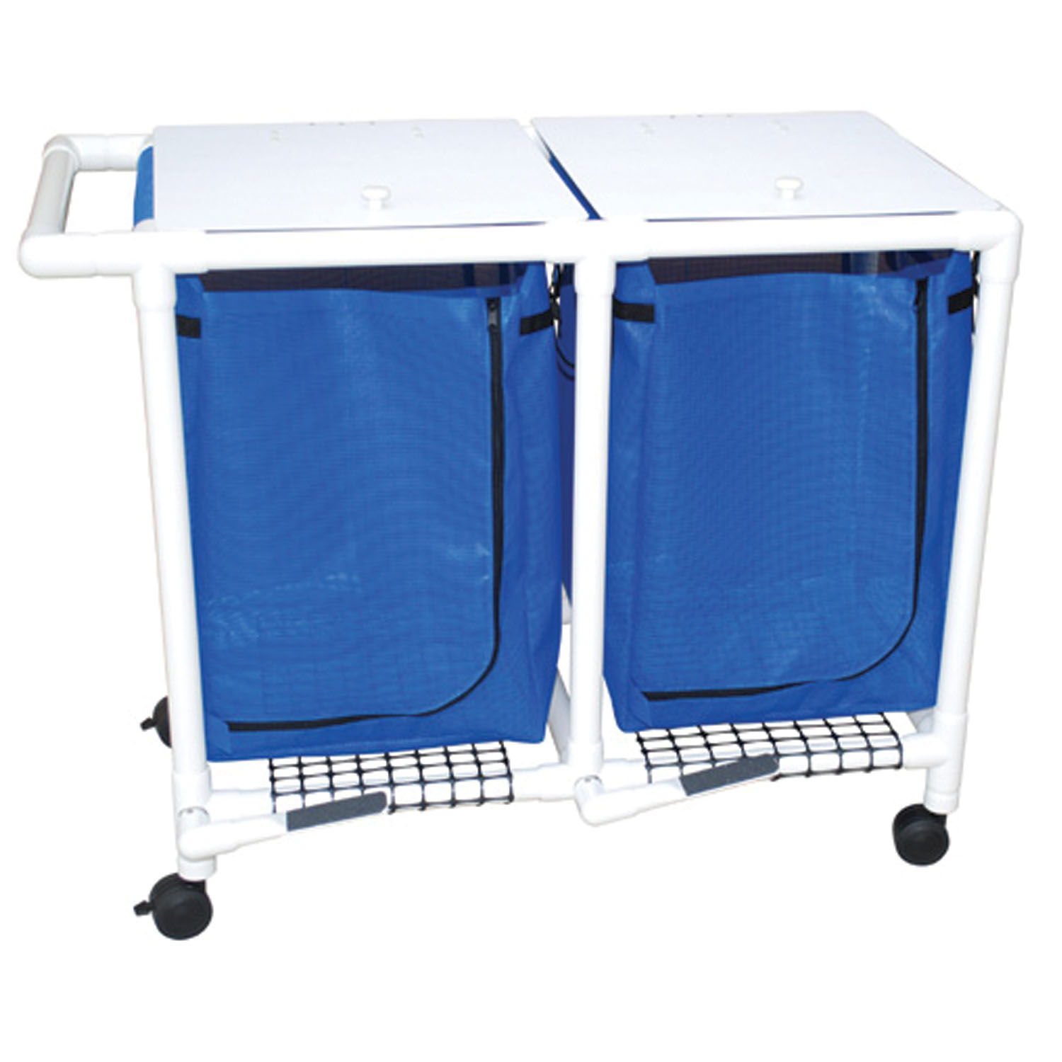 MJM LINEN HAMPERS "200" SERIES Double Hamper, Mesh Bags (55 Gal Capacity, Plastic Bag) 3" Heavy Duty Threaded Stem Casters, Zipper Opening, Base Support for bag, Push/ Pull Handle & Footpedal MJM International Corp. 218-D-FP