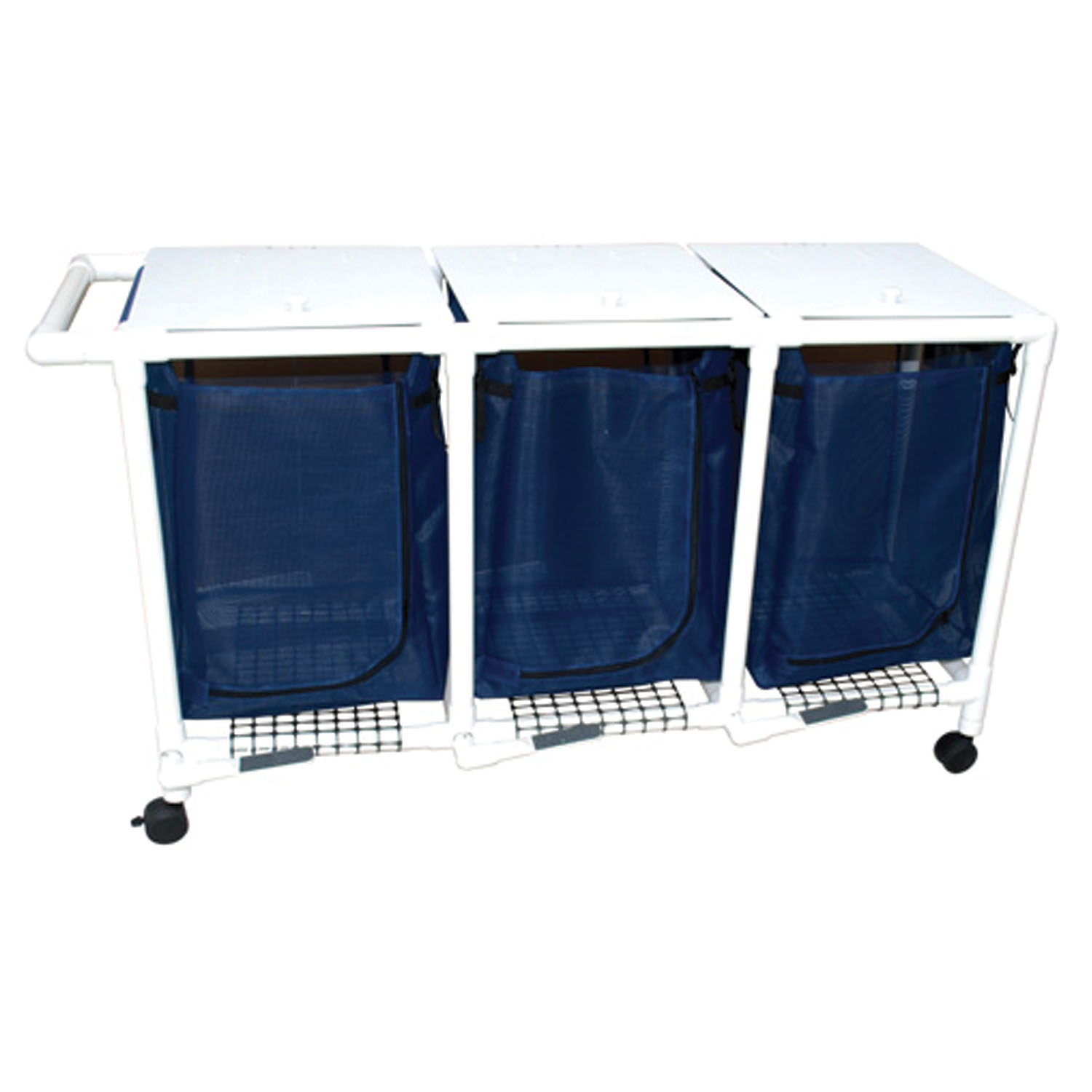 MJM LINEN HAMPERS "200" SERIES Triple Hamper, Mesh Bags (55 Gal Capacity, Plastic Bag) 3" Heavy Duty Threaded Stem Casters, Zipper Opening, Base Support for bag, Push/ Pull Handle & Footpedal (Mauve Mesh) MJM International Corp. 218-T-FP
