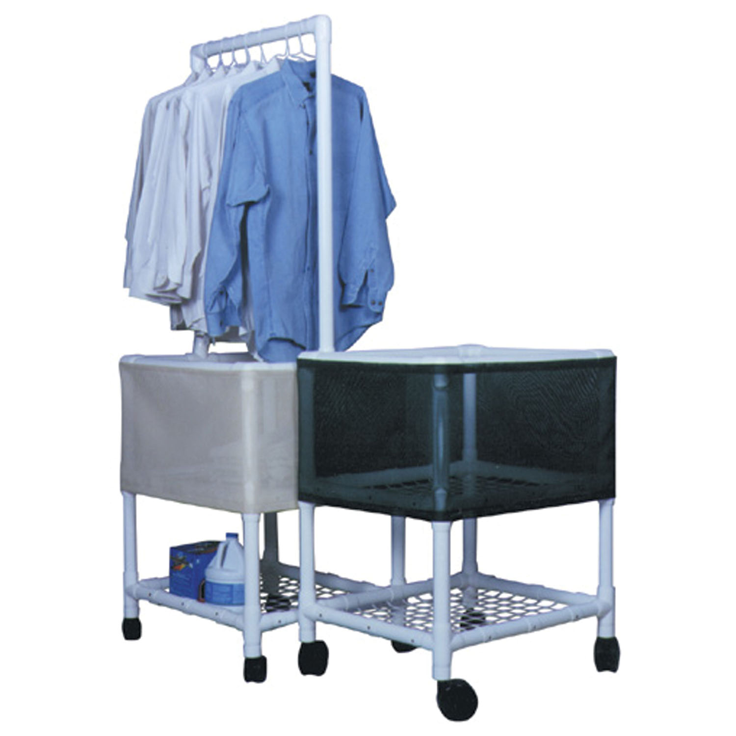 MJM LINEN HAMPER "200" SERIES & LINER BAGS Laundry Basket Elevated, Utility Shelf 3½ Bushels, Double Pole Rack, 3" Twin Nylon Casters, Threaded Stem MJM International Corp. 250E-R