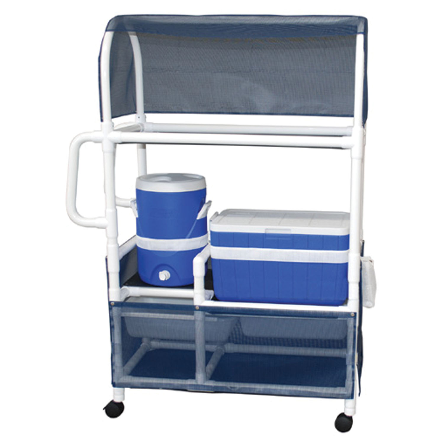 MJM HYDRATION/ICE CARTS "800" SERIES Hydration/ Ice Cart, 48 Qt Ice Chest, 5 Gal Water Cooler, Skirt Cover Panels & Canopy Standard Mesh MJM International Corp. 831