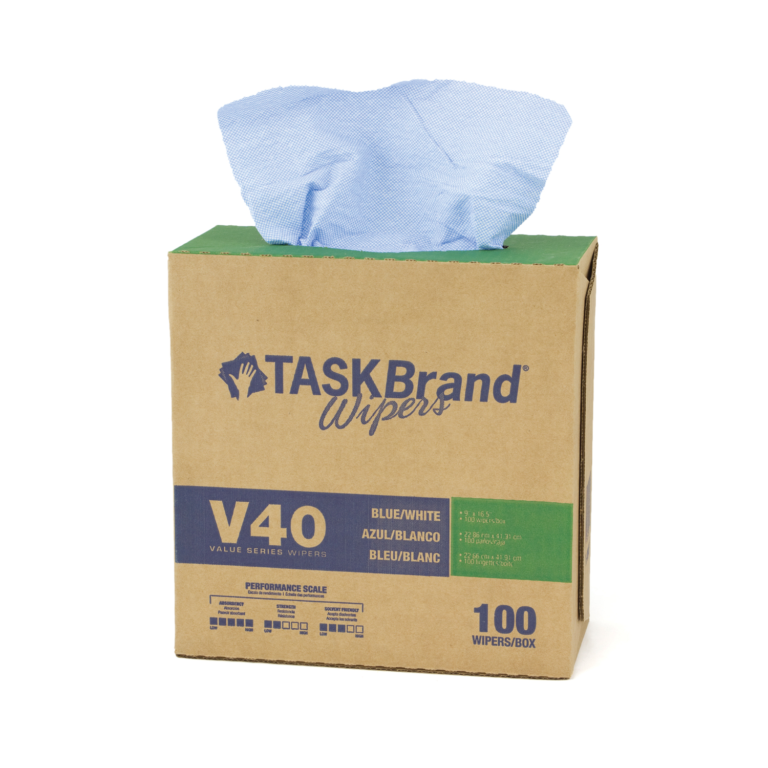 HOSPECO TASKBRAND® VALUE SERIES WIPES - DRC Taskbrand® V40 HW DRC, Interfold, Dispenser, Blue, 9" x 16.5", 100/bx, 9 bx/cs Hospeco N-V040IDB