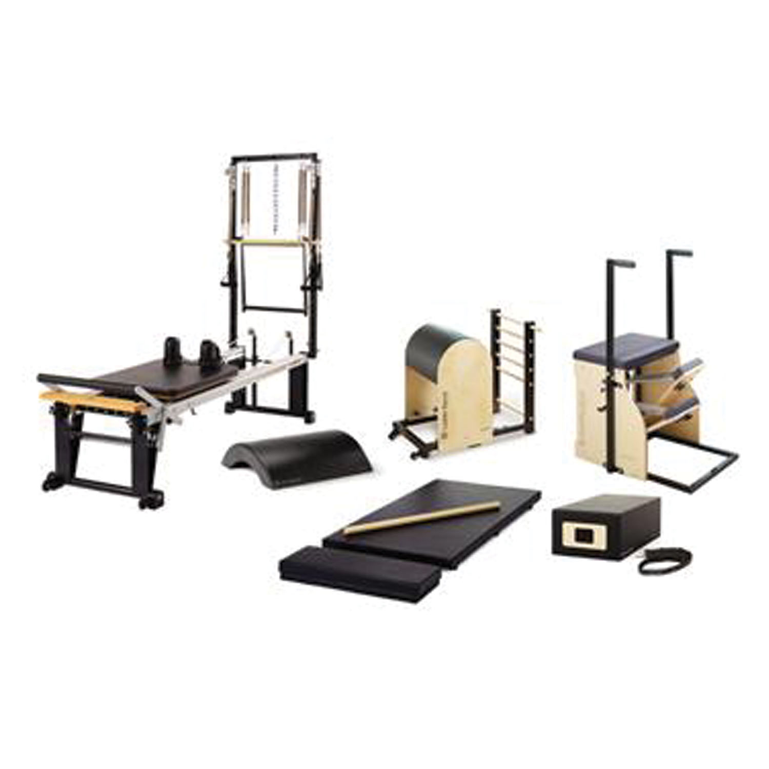 MERRITHEW EQUIPMENT BUNDLES Rehab One-On-One Studio Bundle Includes 1 ea: Rehab V2 Max Plus Reformer, Mat Converter, Padded Platform Extender, Reformer Box, Maple Roll-Up Pole, Split-Pedal Stability Chair, Ladder Barrel, Arc Barrel (Price subject to change without notice) Merrithew ST-11045