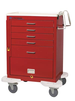 LAKESIDE CLASSIC CARTS Cart, 5 Drawer, 9" Panel, Drawer Configuration: (4) 3", (1) 6", Breakaway Lock, 42¾"H x 25"D x 32"W, Solid Red (DROP SHIP ONLY) Lakeside Manufacturing, Inc. C-527-PB-1R