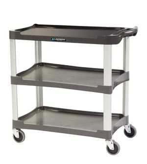 LAKESIDE UTILITY CARTS - PLASTIC 18-1/2"W X 36"L X 35"H Charcoal Plastic Utility Cart W/Aluminum Legs; 300 Lb. Load Capacity; Three 16"W X 28-1/2"L Shelves W/11-3/4" Shelf Clearance; 4" All Swivel Casters; Stain & Odor-Resistant Material; Assembles Easily Without Hardware (DROP SHIP ONLY) Lakeside Manufacturing, Inc. 2503